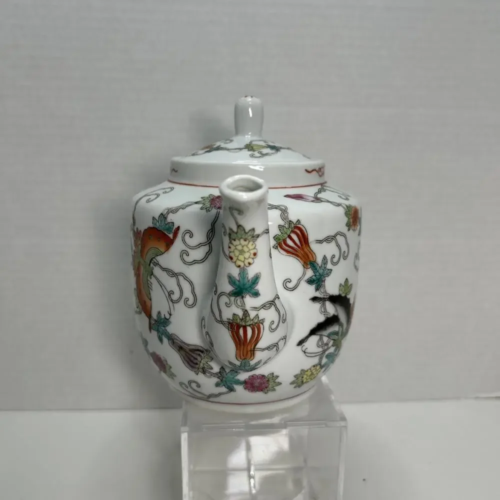 Vtg Chinese Jingdezhen Porcelain Floral Teapot Hand Painted Flowers Butterflies